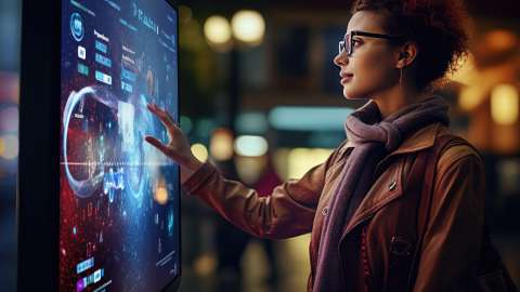 A person wearing a coat and scarf stands outside in front of an interactive display and uses their hand to interact with the images and information on the screen